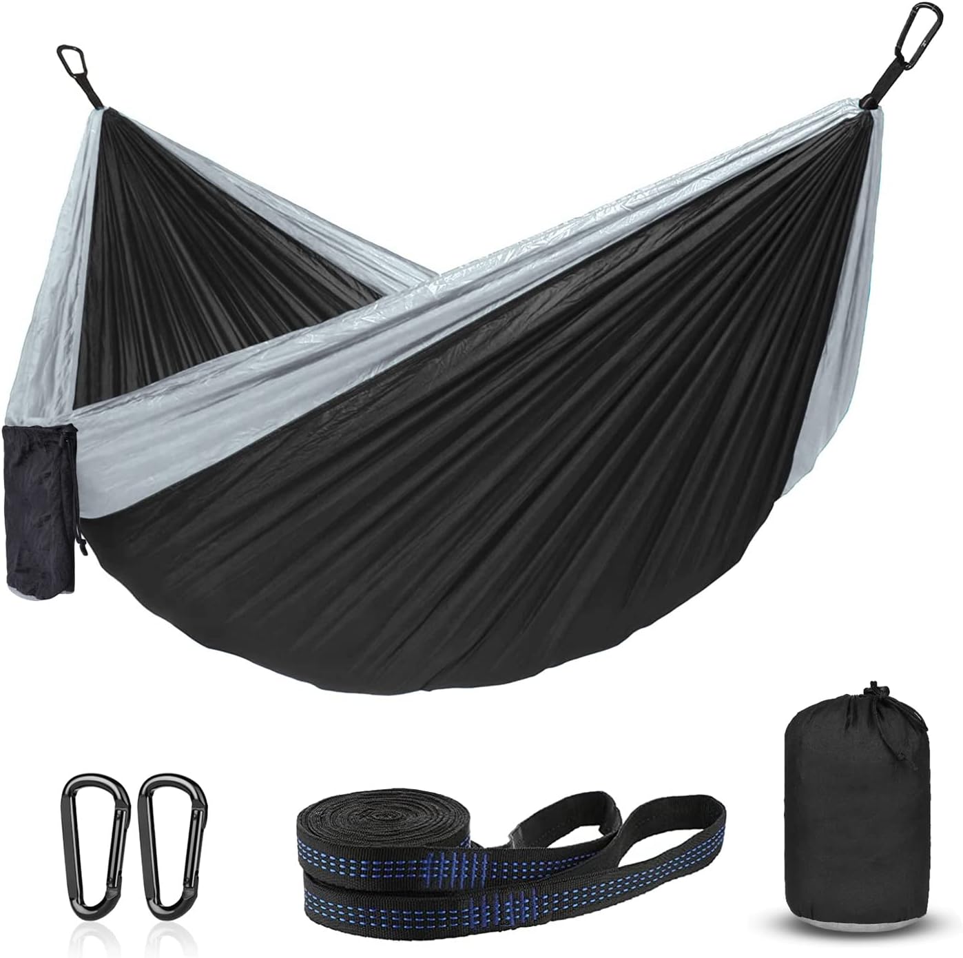 ERUW CozyHoliv Camping Hammock, Single Portable Parachute Hammocks for Outdoor Hiking Travel Backpacking - 210D Nylon Hammock Swing for Backyard & Garden 55''W108''L (Black/Grey - Single)