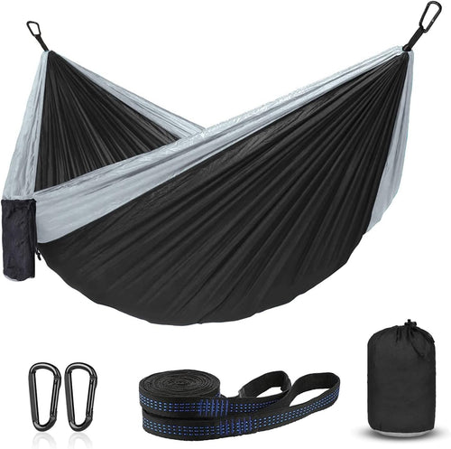 ERUW CozyHoliv Camping Hammock, Single Portable Parachute Hammocks for Outdoor Hiking Travel Backpacking - 210D Nylon Hammock Swing for Backyard & Garden 55''W108''L (Black/Grey - Single)