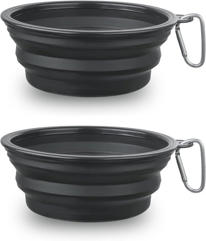 SLSON Collapsible Dog Bowl, 2 Pack Collapsible Dog Water Bowls for Cats Dogs, Portable Pet Feeding Watering Dish for Walking Parking Traveling with 2 Carabiners (Large, Black+Black)