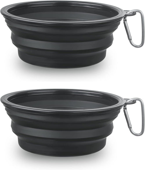 SLSON Collapsible Dog Bowl, 2 Pack Collapsible Dog Water Bowls for Cats Dogs, Portable Pet Feeding Watering Dish for Walking Parking Traveling with 2 Carabiners (Large, Black+Black)
