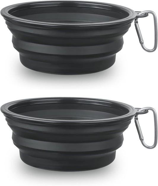 SLSON Collapsible Dog Bowl, 2 Pack Collapsible Dog Water Bowls for Cats Dogs, Portable Pet Feeding Watering Dish for Walking Parking Traveling with 2 Carabiners (Large, Black+Black)