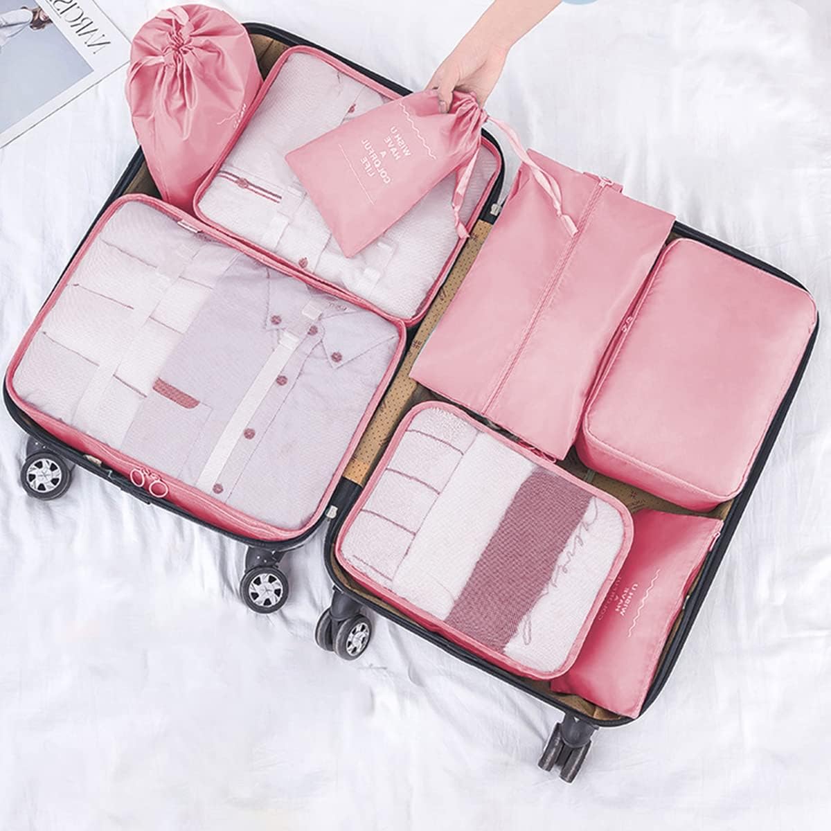 Travel Suitcase Organizer Set 8 Pieces - Packing Cubes Storage Travel Luggage Organizer for Clothes, Cosmetics, Shoes, Family Travel and Business (Pink)