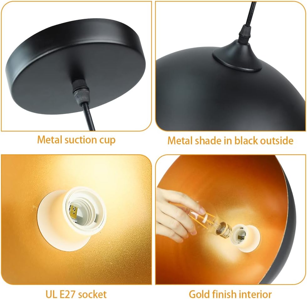 Depuley Kitchen Pendant Light, 2 Packs Industrial Ceiling Lighting Fixture with Metal Dome Lamp Shade, Hanging Lamp for Restaurant, Dining Room, Living Room, Coffee, Bar, Black and Gold