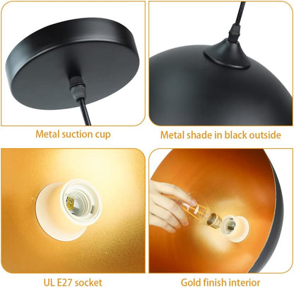 Depuley Kitchen Pendant Light, 2 Packs Industrial Ceiling Lighting Fixture with Metal Dome Lamp Shade, Hanging Lamp for Restaurant, Dining Room, Living Room, Coffee, Bar, Black and Gold