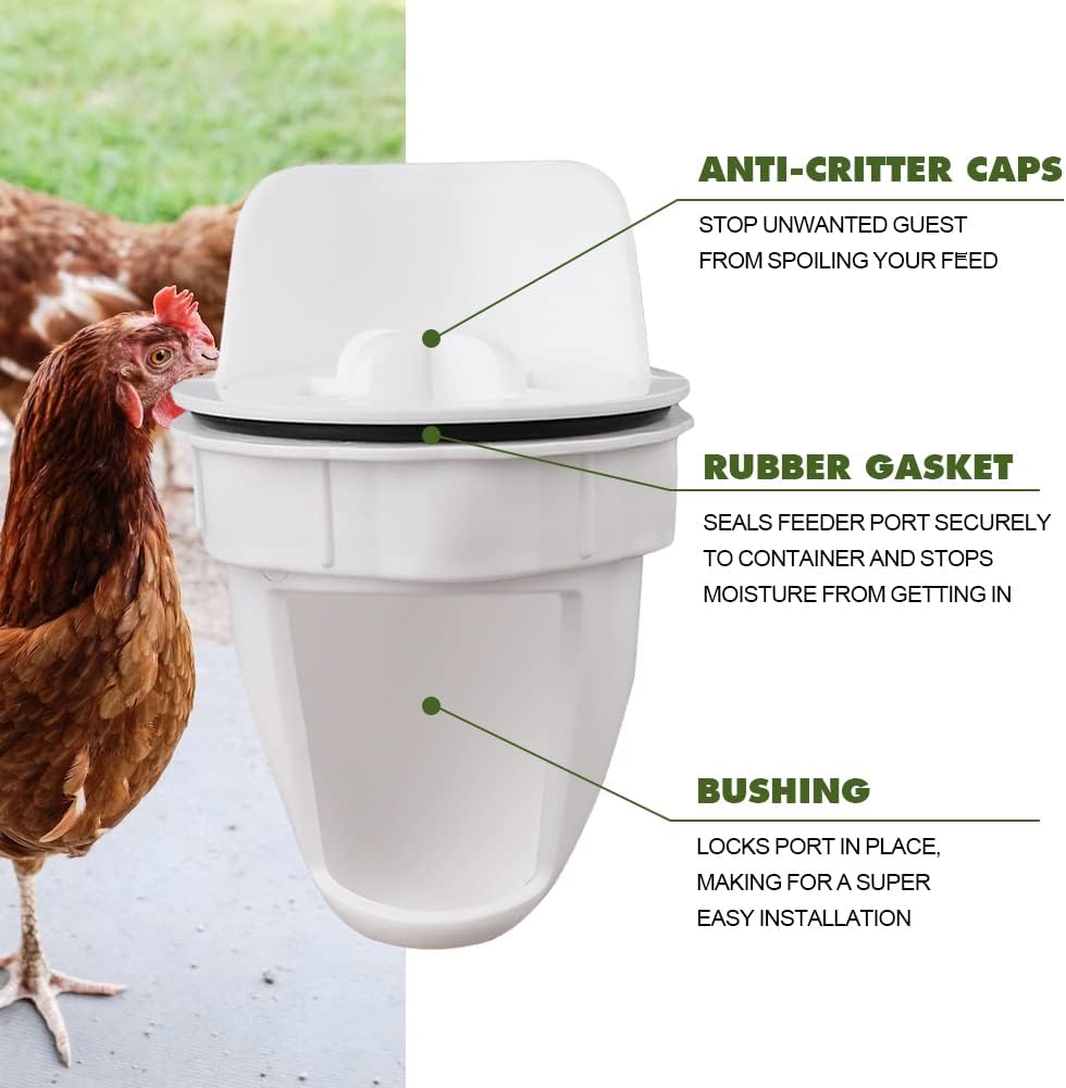 Chicken Feeder Kit, No Waste Waterproof Automatic Poultry Feeder 4 Ports 1 Hole Saw with Covers for Buckets, Bins, Troughs