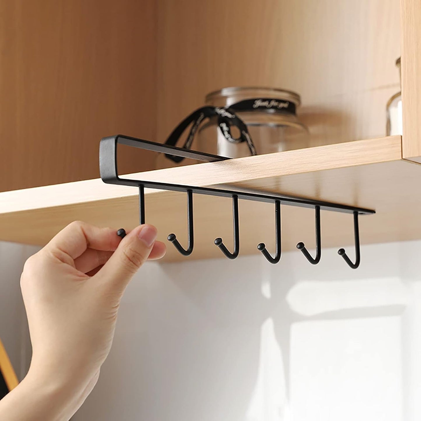 2 Pack Hanging Hooks Rack Cup Holder Under Cupboard Cabinet Coffee Mug Holder 6 Hooks Drilling Free Coffee Cups Holder Kitchen Utensil Storage Organizer Hook Rack