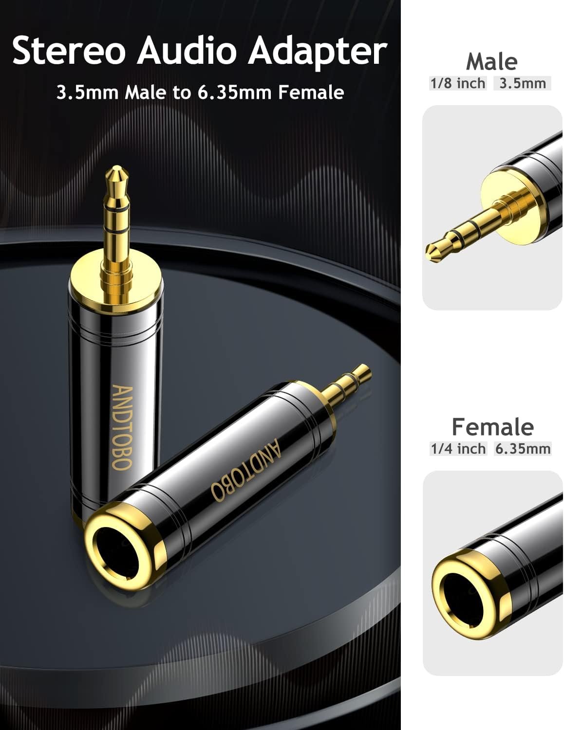 ANDTOBO 1/4'' to 3.5mm Stereo Pure Copper Headphone Adapter, 1/8'' Plug Male to 1/4''（6.35 mm） Jack Female Stereo Adapter for Headphone, Amp Adapter, Black 1-Pack