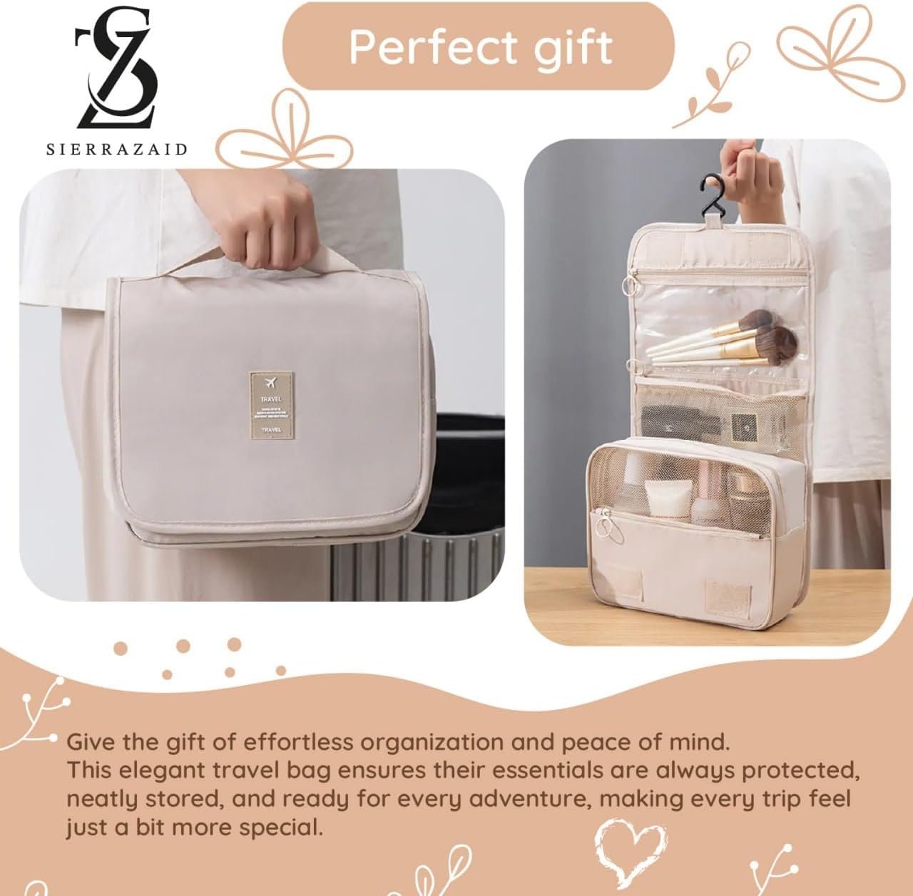SIERRAZAID - Travel Toiletry Bag - Toiletry Bag for Women - Travel Makeup Bag - Travel Essentials for Women - Travel Size Toiletries - Big Makeup Bag - Cosmetic Bag - Cosmetic Travel Bag - Hygiene