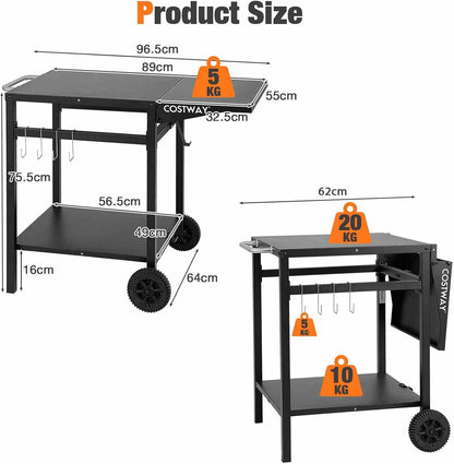 Costway Movable Dining Cart Table, Double-Shelf Trolley with Folding Tabletop, 4 Extra Hooks & 2 Directional Wheels, Outdoor Prep Cart for Pizza Oven & BBQ Grill, Worktable for Backyard, Patio, Garden