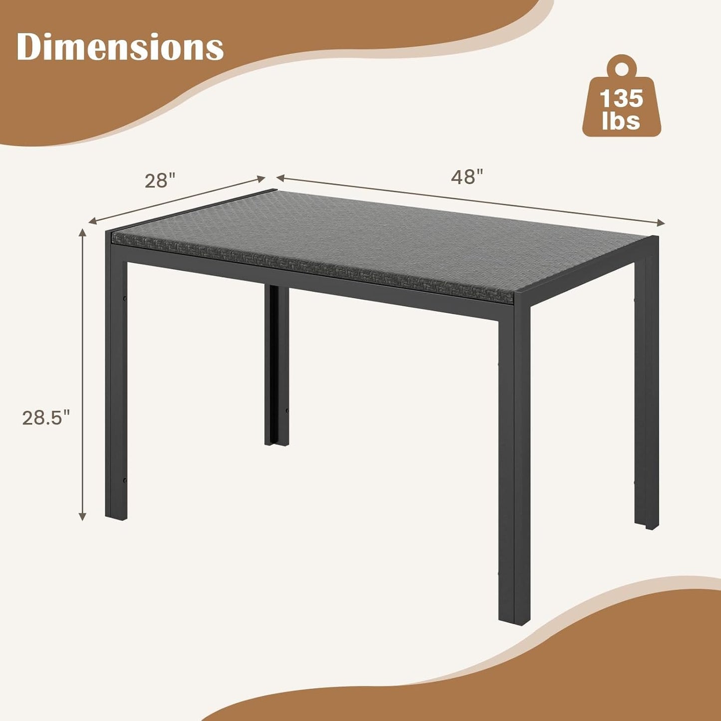 Tangkula Patio Wicker Dining Table for 6, 48 Inch Rectangular Table with Rattan Tabletop & Heavy-Duty Metal Frame, Outdoor Dining Table for Front Porch, Backyard