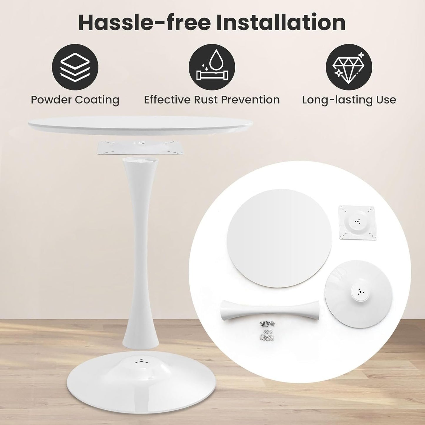 SILKYDRY Round Dining Table, 32” Tulip Table with Circular Tabletop & Metal Pedestal, Bistro Table for 2-4 Person, Mid-Century Modern Leisure Table for Home, Office, Cafe, Pub, Easy Assembly (White)