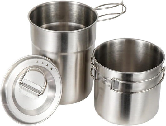 Camping Cookware, Stainless Steel Pot Set, 4.17 x 0.39 Inches Lightweight Outdoor Cooking Gear, Compact Survival Equipment, Backpacking Picnic Hiking Travel Organizer Kit
