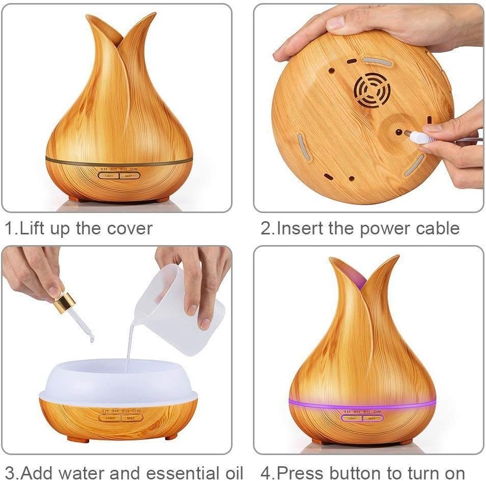 Essential Oil Diffuser Ultrasonic Aromatherapy Air Humidifier 400ML Remote Control Wood Grain Cool Mist Aroma Diffuser Large for Home Office Spa Baby Kids Room, Auto Shut-Off, 10 Hours Working Time (Light Wood)