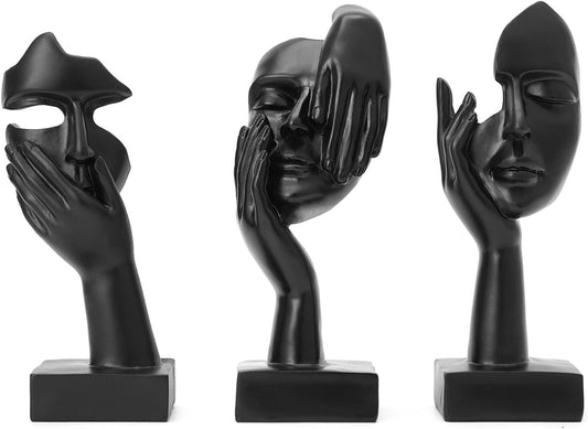 maozyiltle Set Of 3 Women Face Statues Collectible Black Gold Thinker Statue Modern Art Home Decor Gift For Friends (Black)