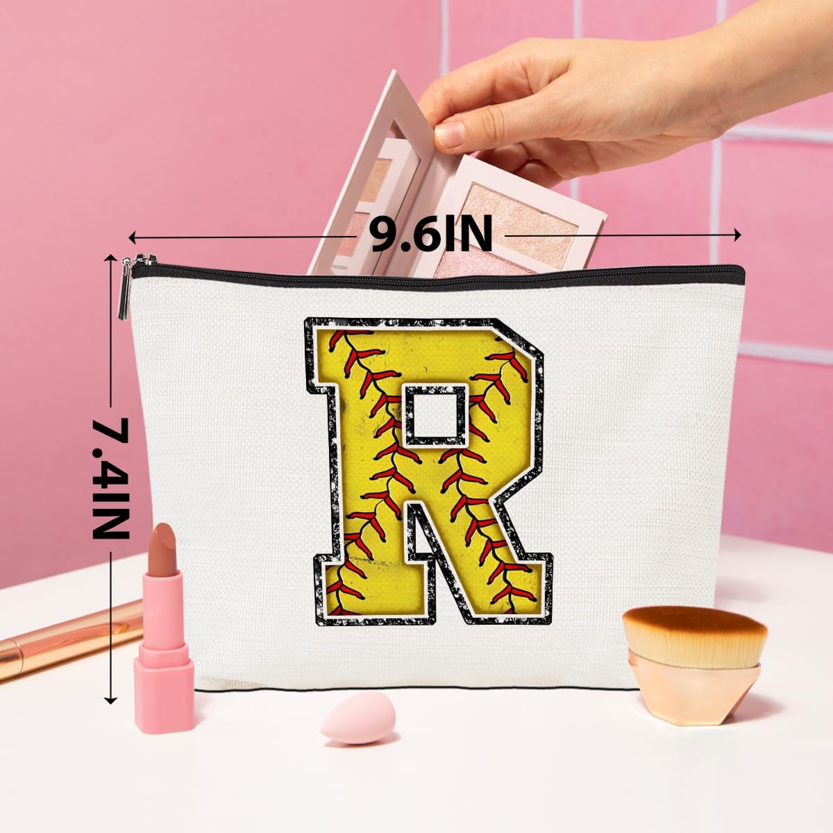 Initial Makeup Bag Monogrammed Cosmetic Bag Yellow Letter R Zipper Pouch Softball Accessories for Girls Women Player Coach Friend Graduation Birthday Gifts