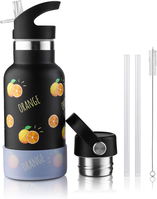 Sivaphe 12 oz Insulated Kids Water Bottle with Straw Lids, Stainless Steel Thermal Children Drinking Cup for School Girls Boys Students Orange Fruit 3D Printed