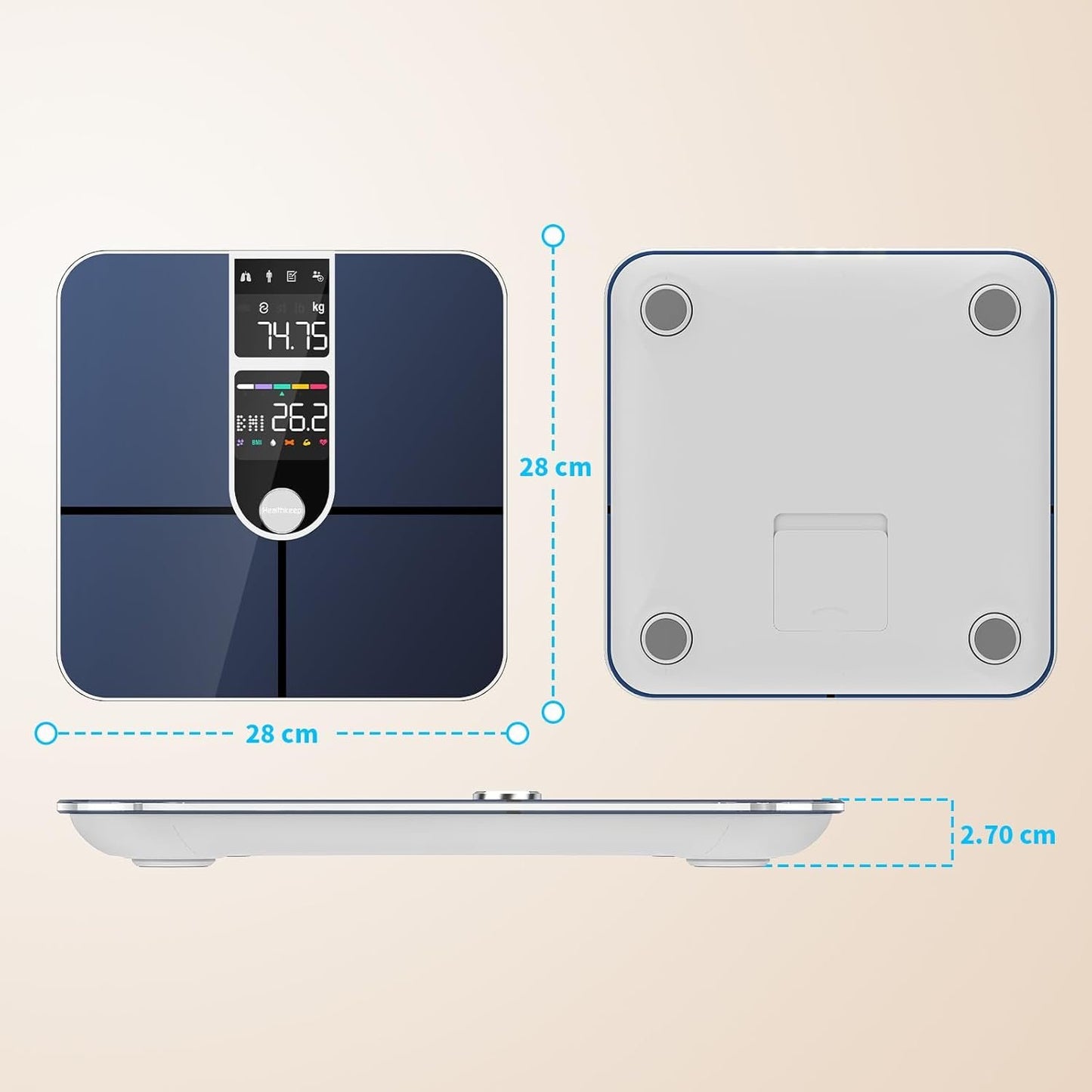 Healthkeep Personenwaage, angeschlossen, Bluetooth, mit 2 VA-Bildschirmen und ITO-Beschichtungstechnologie, 16 Körperdaten mit Herzfrequenz, App, für Android und iOS 180 kg/400 lb, silberfarben