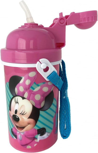 Zak Designs Disney Classic Minnie Carrying Strap One Touch Water Bottles with Reusable Built in Straw - Safe Approved BPA Free, Easy to Clean (Minnie Canteen 16.9oz)