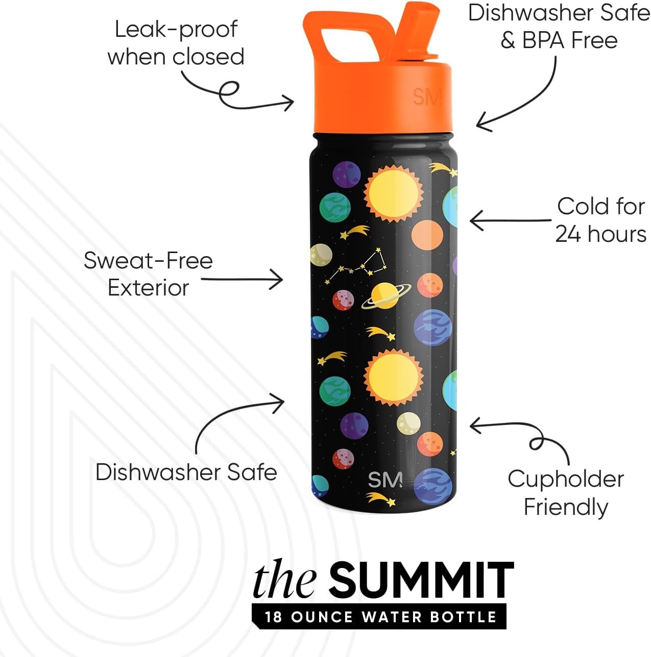 Simple Modern Kids Water Bottle with Straw | Insulated Stainless Steel Reusable Tumbler for Toddlers, Girls, Boys | Summit Collection | 18oz | Solar System