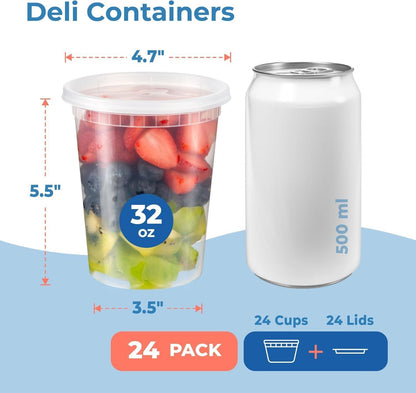 Food Storage Containers with Lids 32oz Freezer Deli Cups Combo Pack, 24 Sets BPA-Free Leakproof Round Clear Takeout Container Meal Prep Microwavable, Airtight Lids