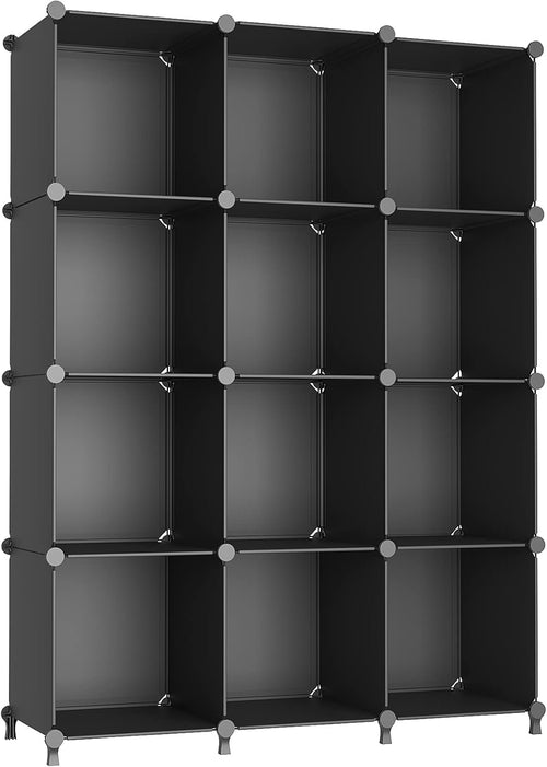 AWTATOS Cube Storage Organizer Modular Storage 12 Cube Bookshelf DIY Plastic Closet Storage Shelves with Wooden Mallet, Ideal Storage Solution for Home, Office, Bedroom, Black