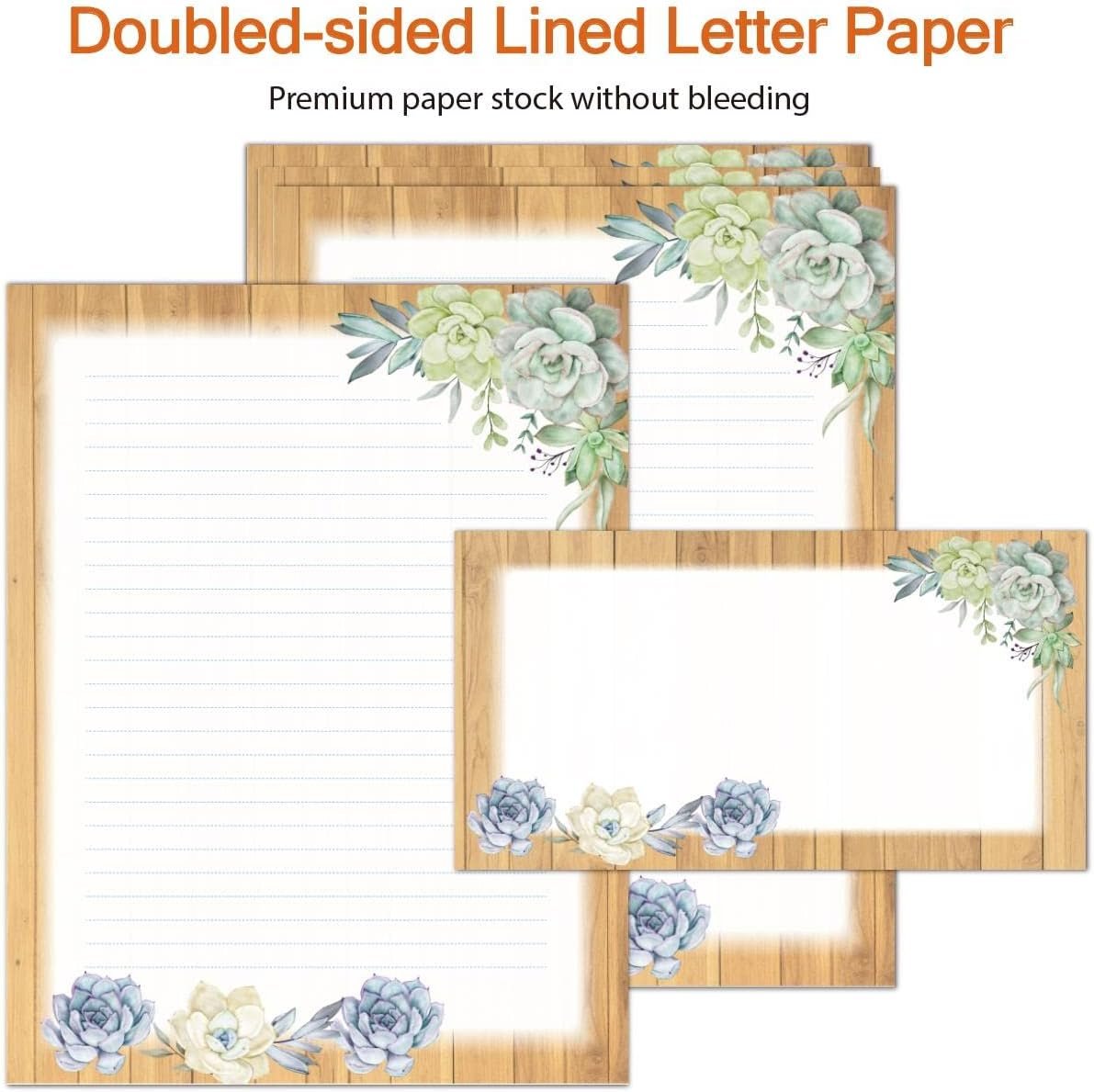 Lined Stationery Set - 50 Writing Paper and 50 Envelopes, 8.5 x 11 Inch Succulent Lines, 2 Designs Assorted Letter Writing Paper