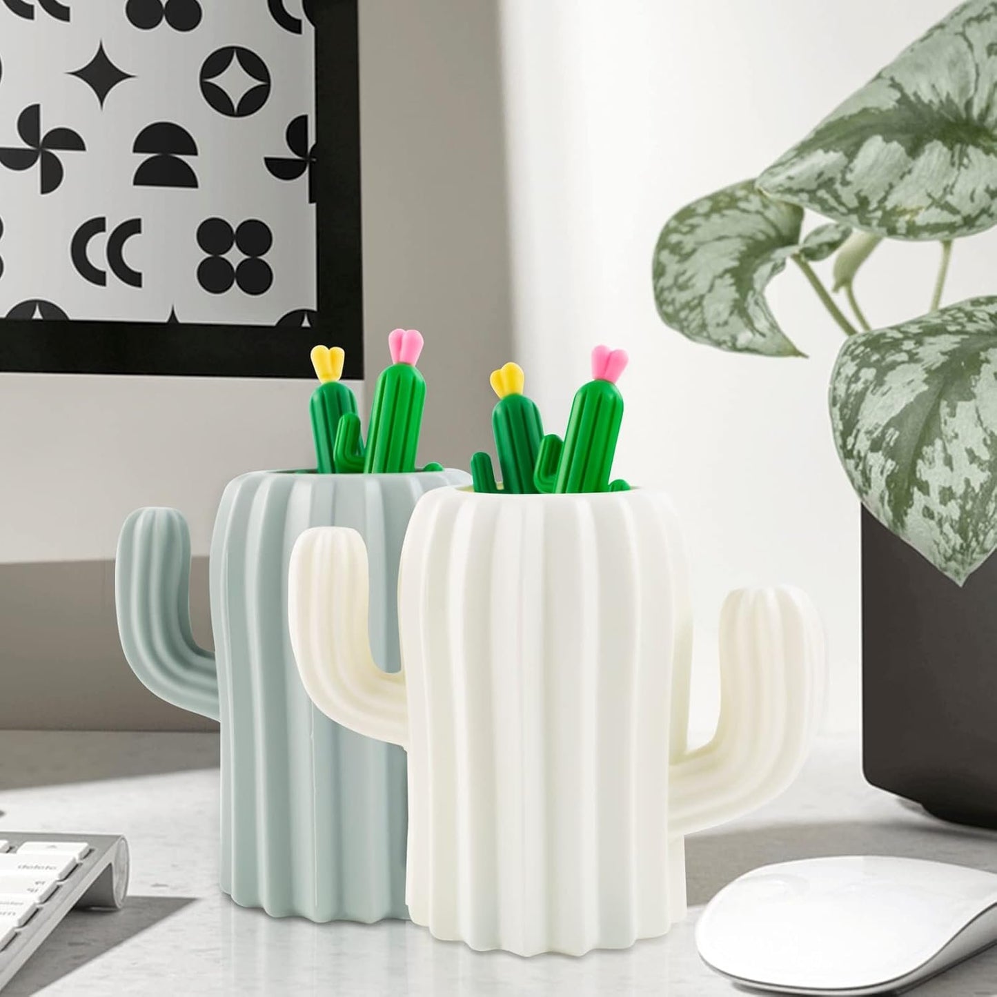 CIOUYAOS 2 PCS Cactus Pen Holder, Cute Pen Organizer Container and 4 PCS Cactus Gel Pen, Multifunction Pen Cup for Desk Accessories Cosmetic Makeup Stationery Storage (AK20)