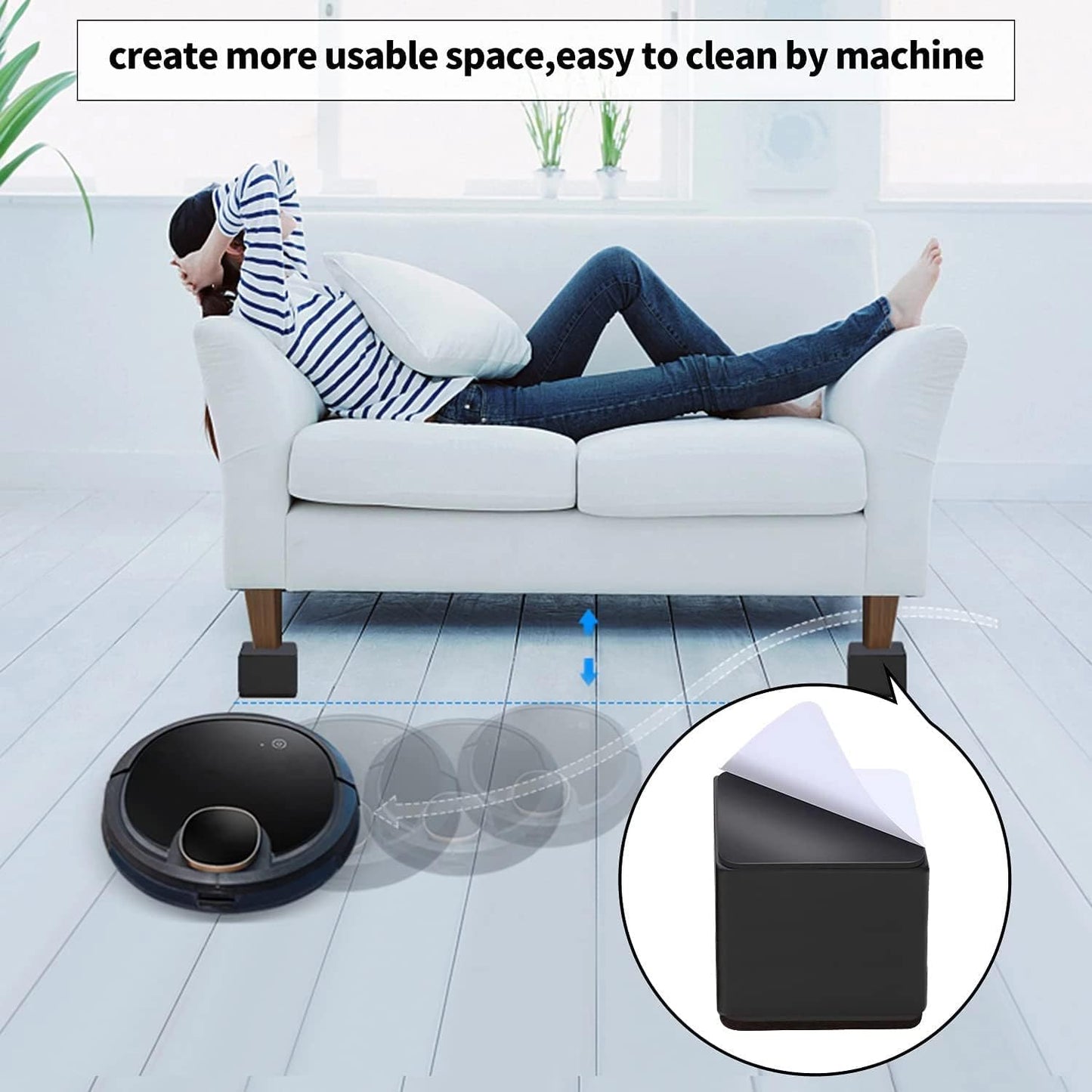 BRUIQIM 2inch Lift Furniture Risers Carbon Steel Bed Risers, Self-Adhesive Bed Riser, Table Riser, Sofa Riser, 4 Pcs Heavy Duty Bed Riser Lifts Adds 2" Height Supports to 5000 LBs (Square, Black)