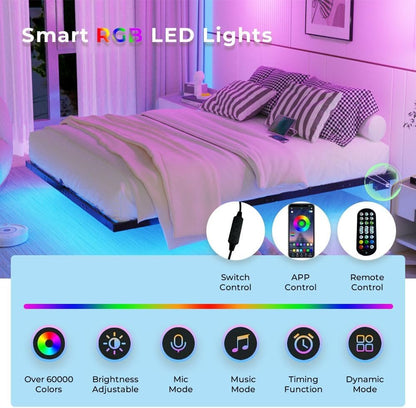 SANGMUCEN Floating Full Bed Frame with LED Lights & USB Charging Station, Metal Platform Bed Frame Full Size, No Box Spring Needed, Steel Slat Support, Anti-Noise Foam Stickers, Easy to Assemble