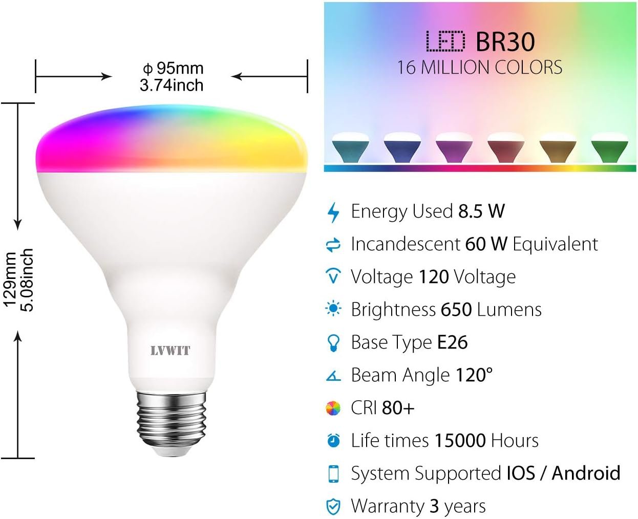 LVWIT Wi-Fi Smart Light Bulb Alexa, BR30 Smart LED, Work with Google Assistant, Smart Life App, Tuya App, 60W Equivalent, RGB Color Changing Light Bulbs (8.5W), No Hub Required, 2-Pack