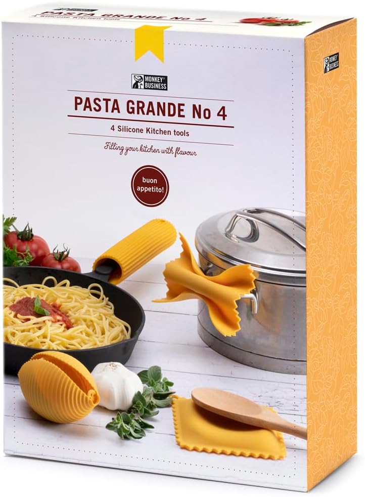 Monkey Business Silicone Kitchen Tools in Gift Box/ 4 Big Pasta Shaped Kitchen Gadgets/Farfalloni Pot Grips, Ravioli Spoon Rest, Conchiglie Lemon Squeezer and Penne Pan Grip/Pasta Grande No. 4