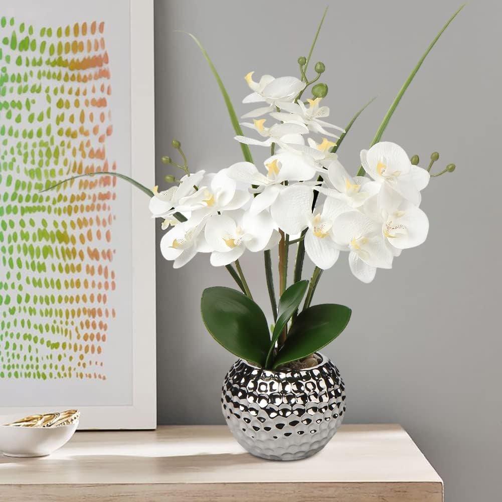 Artificial Orchids Flowers 20'' White Fake Flowers Arrangement Faux Orchid Plant with Silver Vase Phalaenopsis Orchid for Home Party Bathroom Table Living Room Office Kitchen Desk Decor