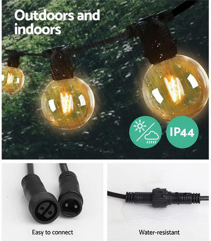 Jingle Jollys Festoon Lights Outdoor 50M Warm White Fairy String Light with 50 LED Bulbs, Christmas Decoration Garden Party Wedding Yard Decorations Lighting Strip Bulb, IP44 Waterproof and Corded