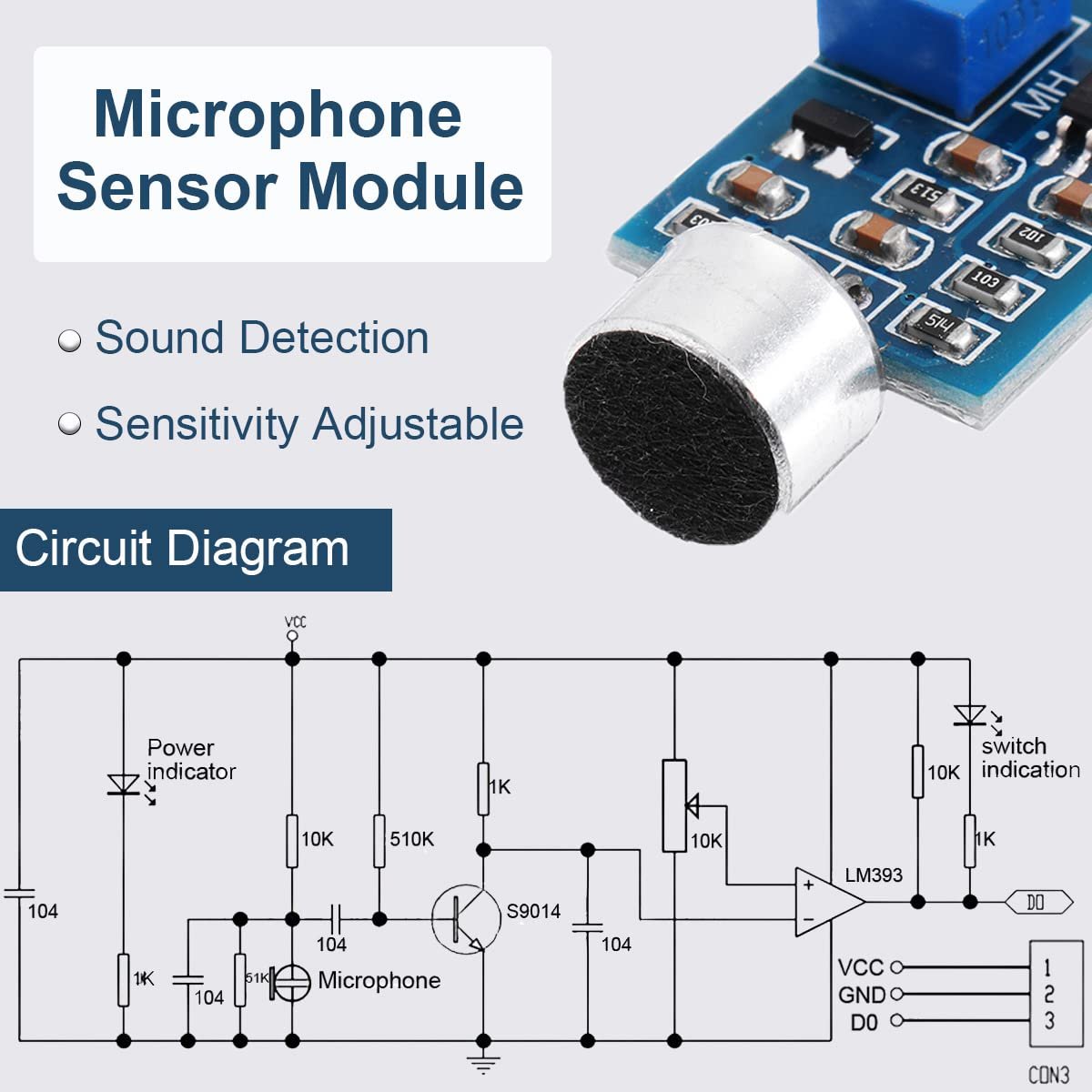 DAOKAI 5PCS Microphone Sensor Module High Sensitivity Sound Detection Sound Sensor Control Switch Module(Blue) 3.3-5V for Arduino with Dupont Cable