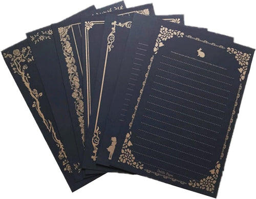 Black 80 Sheets Stationary Writing Paper,5 3/4x 8 1/4" Golden-Lace Vintage Stationery Paper with Lines Letter Paper for Office Home School Wedding Invitations or Love Letter 8 Different Patterns