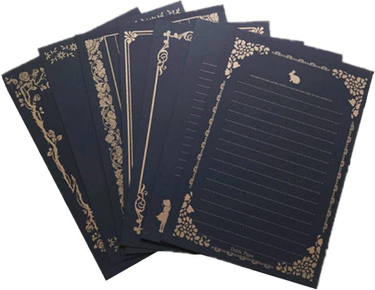 Black 80 Sheets Stationary Writing Paper,5 3/4x 8 1/4" Golden-Lace Vintage Stationery Paper with Lines Letter Paper for Office Home School Wedding Invitations or Love Letter 8 Different Patterns
