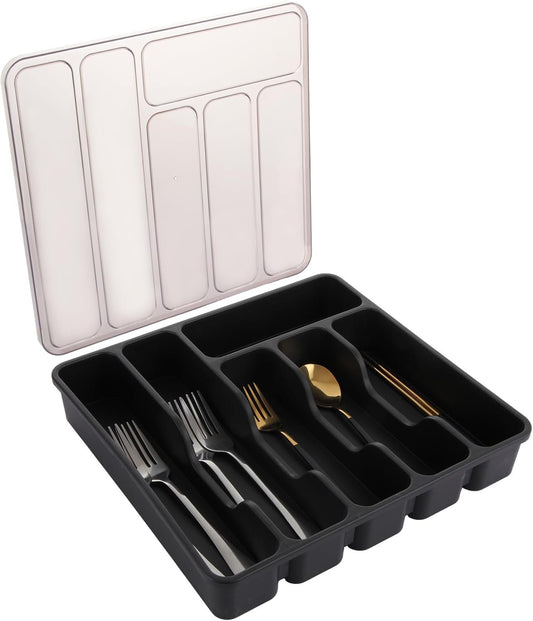 Silverware Organizer with Lid, Utensil Tray for Kitchen Drawer and Countertop, Plastic Cutlery and Flatware Storage Box for Spoons Forks Knives Holder Case, 6 Compartments, Black