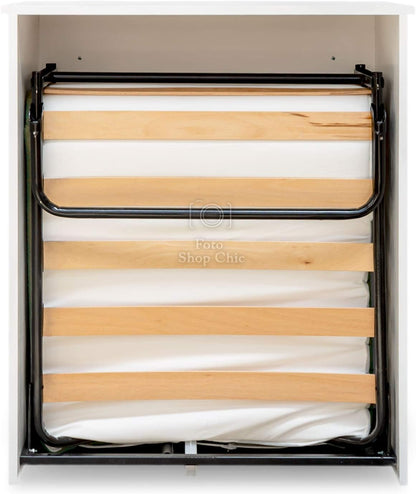 LE CHIC ARREDAMENTI Folding Wooden Single Folding Bed with Wheels with Bed Base and Slatted Frame and High Density Mattress, Thickness 10 cm