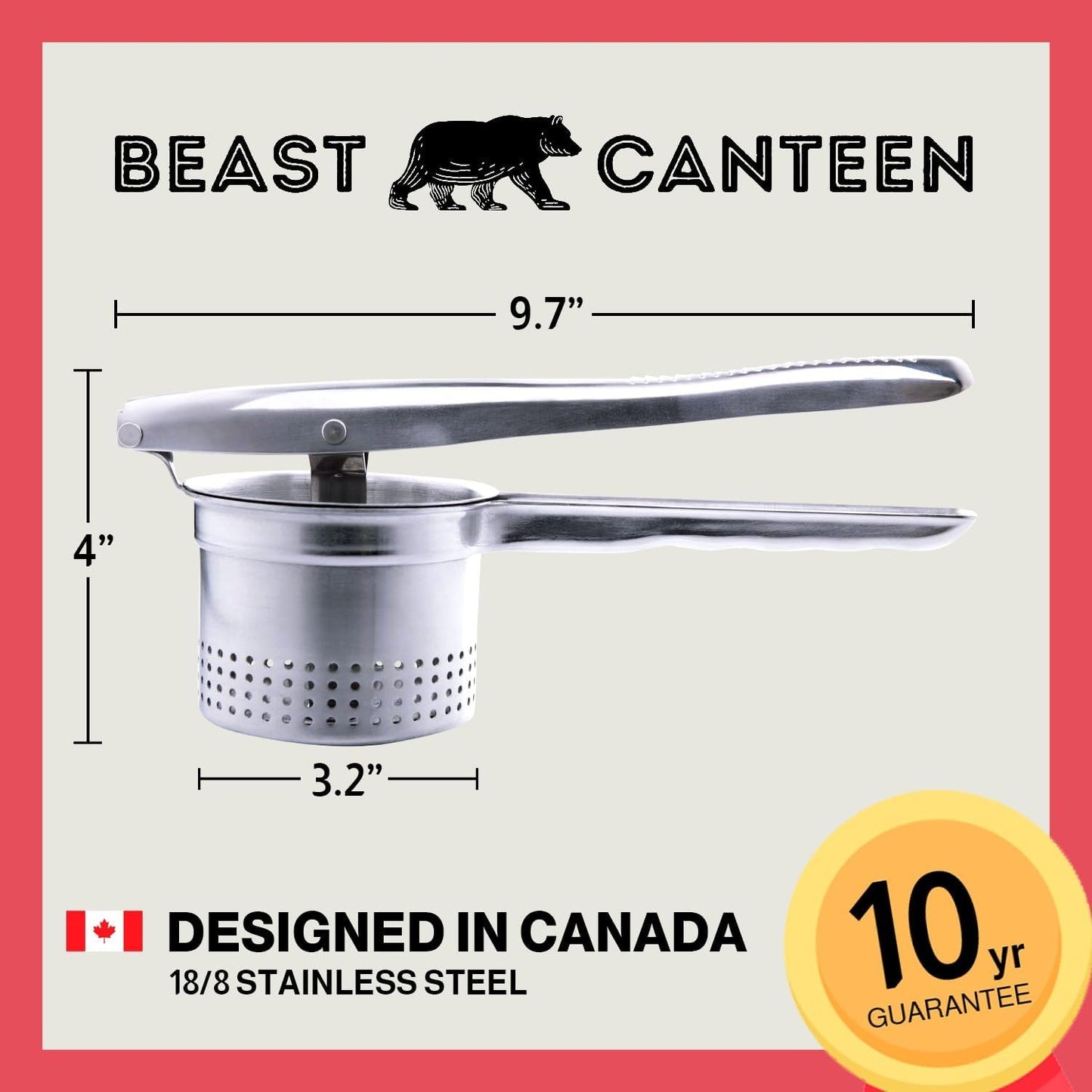 Beast Canteen Potato Ricer - 18/8 Stainless Steel, Silver, Professional Kitchen Tool, Press, Large Masher