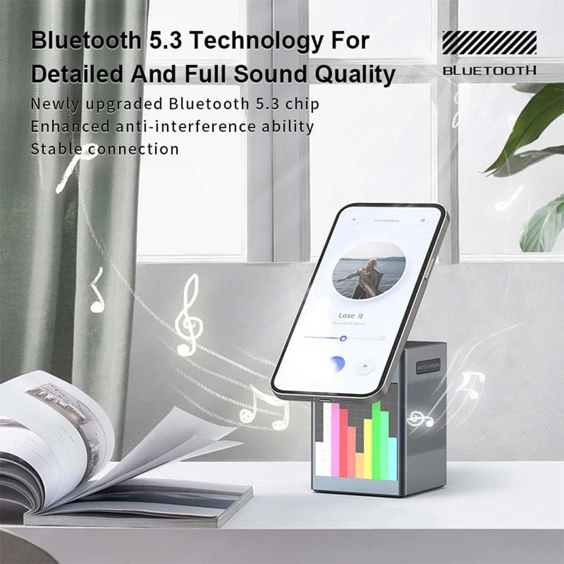 3-in-1 Wireless Charging Station with Bluetooth Speaker and Digital Alarm Clock & Dynamic Pixel Display, Magnetic Charging Station for Fast Charging of Phones, Watch, and Headphones
