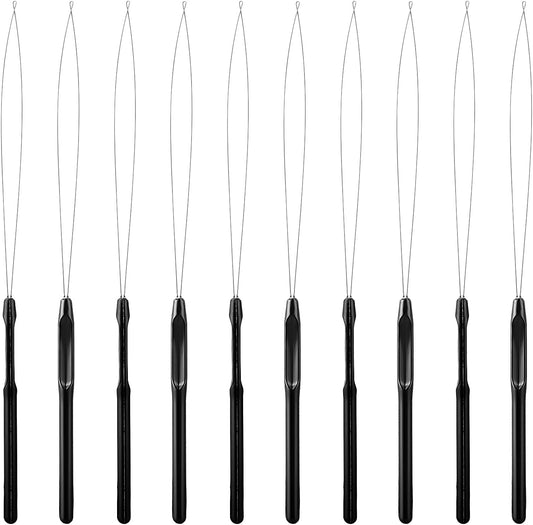 WLLHYF 10 Pieces Hair Extensions, Needle Threader for Hair Pulling, Hair Extension Tools, Micro Rings, Nano Beads, Hair Styling Accessories and Feathers (Black)