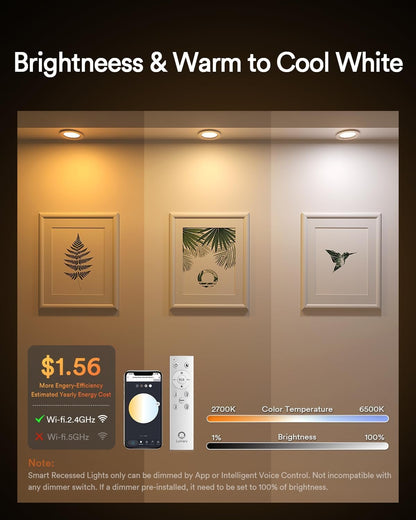 Lumary 6 Inch Smart WiFi Recessed Lighting, RGBWW Canless LED Wafer Downlight, 13W 1000Lm Color Changing, Ultra-Thin w/Anti-Glare Baffle, Compatible with Alexa/Google/Remote-Included, 4PCS