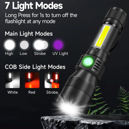 Black Light UV Flashlight, 3-in-1 Magnetic Rechargeable Flashlight, High Lumens Zoomable Beam LED Flash Light, 7 Modes Waterproof Tactical Flashlight for Emergencies, Camping, Pet Urine Detection