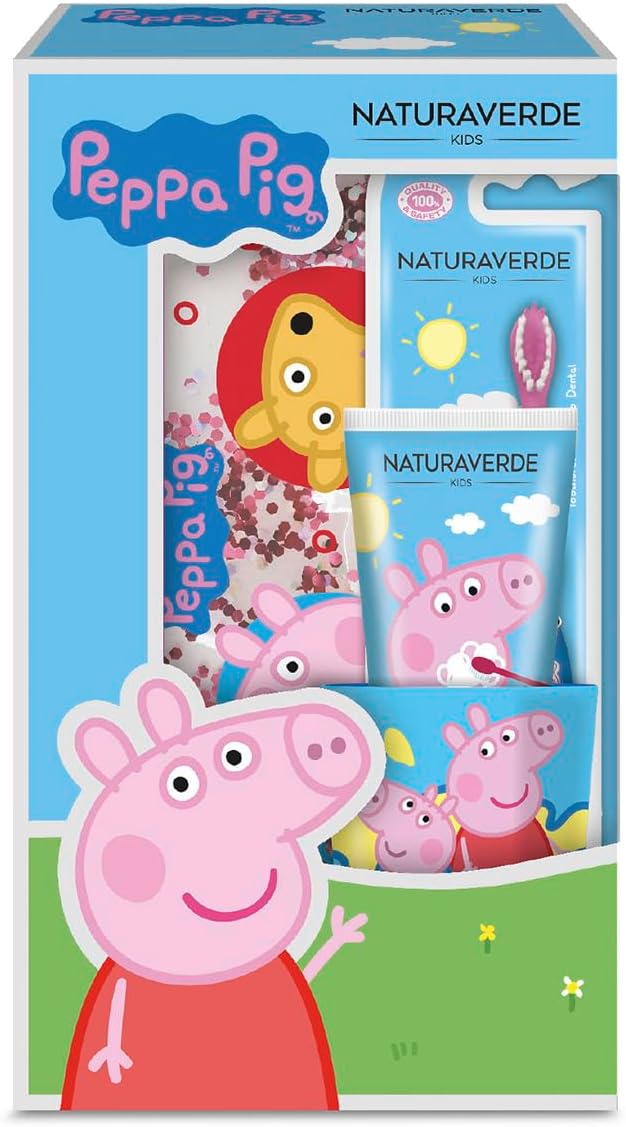 Naturaverde Peppa Pig Gift Set Oral Care, Manual Toothbrush, Children's Toothpaste Strawberry Flavour, 75 ml, Glitter Cup and Pouch