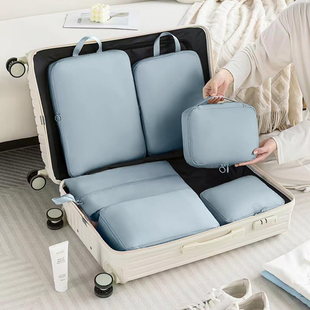 Bldrwer Suitcase Organizer, 6 Pieces Travel Organizer, Waterproof Packing Cubes for Backpack Suitcase, Compression Travel Bags, Compression Bags, Blue