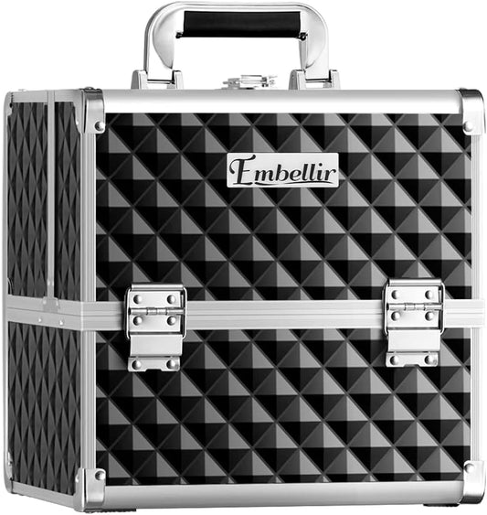 Embellir Makeup Case, Aluminium Beauty Cases Suitcase Make Up Large Organisers Storage Portable Toiletry Cosmetic Box Travel Indoor Outdoor Accessories, with Mirror 3 Sliding Trays Carry Handle Black