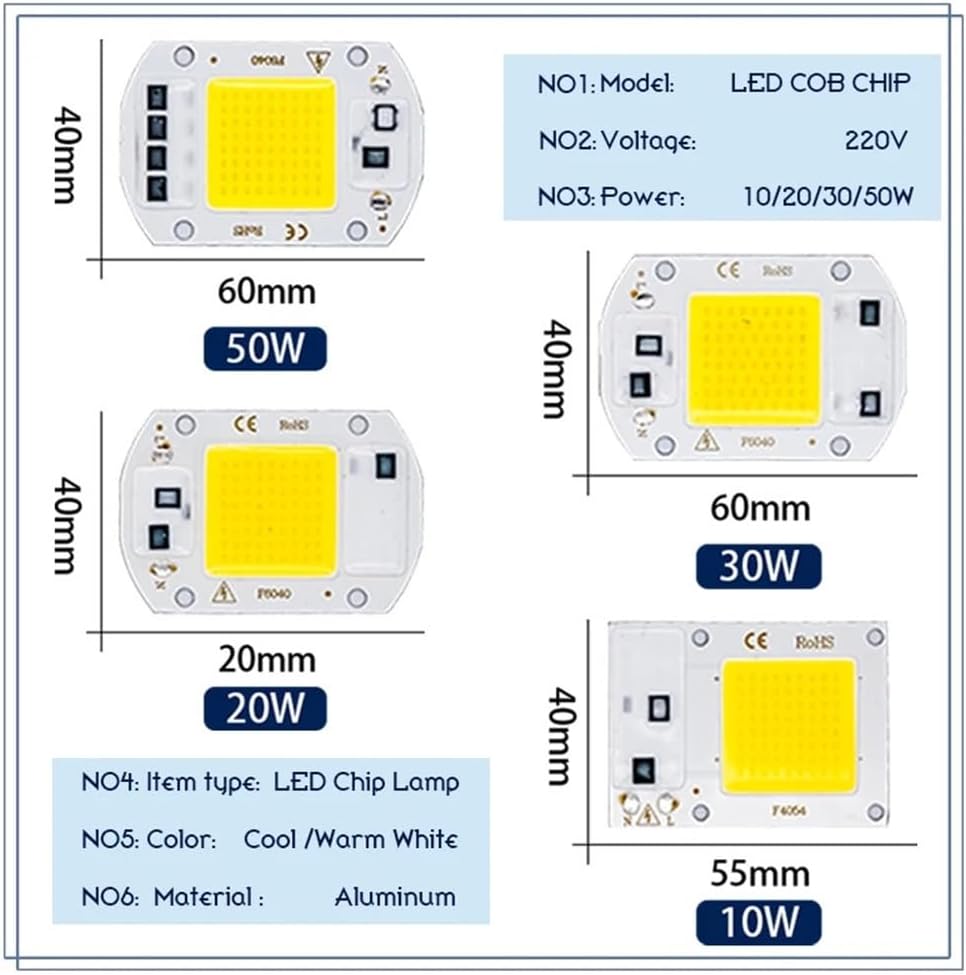 RZL Lighting Pack of 10 COB LED Chip Lamp AC220V 10W/20W/30W/50W Smart IC No Driver Need Chip Lamp for Outdoor with DIY Flood Light(Cold White,10W)