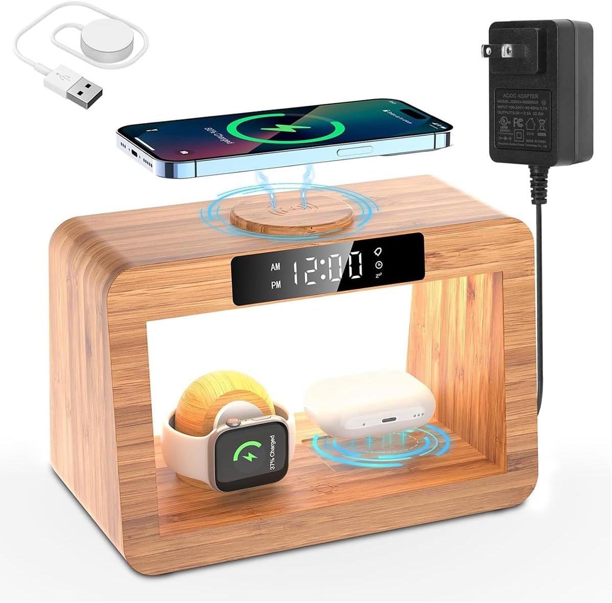 Xunhomon Wireless Charging Station for Magsafe Charger, 5 in 1 Wireless Charging Stand with Alarm Clock,3 Color LED Night Light, Bamboo Magnetic Charger Stand for iPhone/Apple Watch/AirPod Series