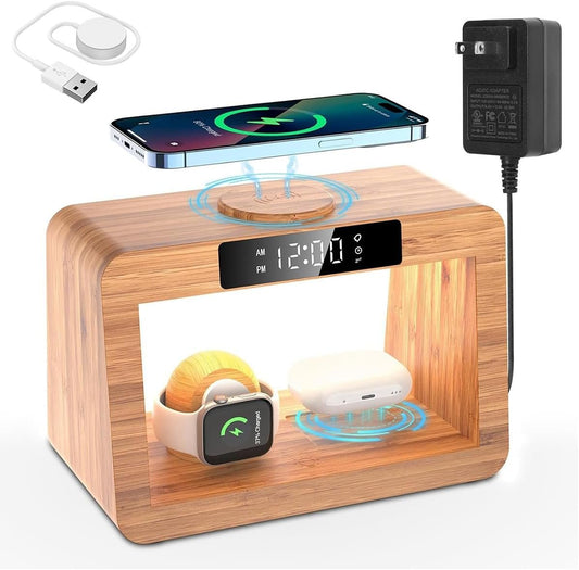 Xunhomon Wireless Charging Station for Magsafe Charger, 5 in 1 Wireless Charging Stand with Alarm Clock,3 Color LED Night Light, Bamboo Magnetic Charger Stand for iPhone/Apple Watch/AirPod Series
