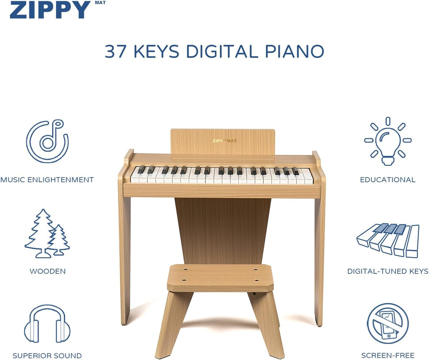 ZIPPY MAT Kids Keyboard, 37 Keys Digital Piano for Kids, Musical Educational Instrument, Wooden Piano for 3+ Girls and Boys (Oak Basic)